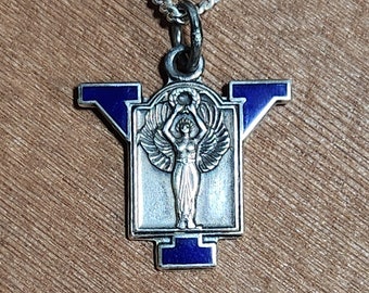 WINGED VICTORY Award, Athletic Medal, Antique Enamel Sterling Silver, YMCA 1930's, 18" Chain, Goddess Nike, excellent original condition