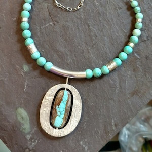 Royston Ribbon Turquoise Necklace, Sterling & Fine Silver, Handmade / Artist Signed, Adjustable Length !