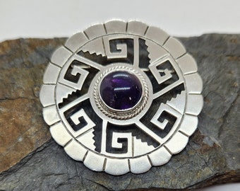 Amethyst Tribal Brooch, Vintage Sterling Silver, Hand Made Brooch and/or Pendant, Genuine Purple Gemstone, Taxco, Signed, xlnt condition