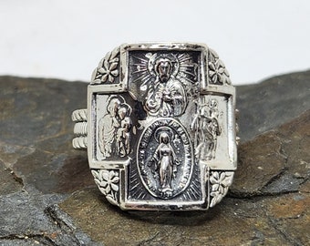 CROSS Religious Ring, sz 11, Sterling Silver Saints 4 Way Scapular Medal, Vintage Religious Medal,Catholic Faith Jewelry (2)