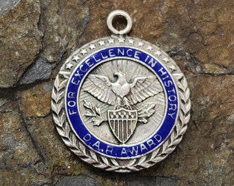 D.A.R. AWARD, Antique Pendant or Charm, Sterling Silver with Enamel, Excellence in History Medal