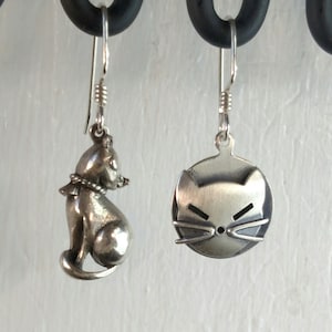 Cat Earrings, Sterling Silver Ear Wires, Vintage Mid Century Cat Charms, Retro