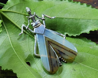 Insect Human Hybrid Pendant, Sci Fi, Sterling Silver & 14Kt Gold, Banded Agate Wings, Artist Signed, Princess, OOAK