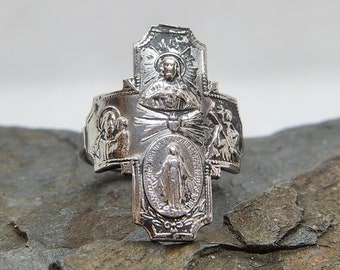CROSS Religious Ring, Sterling Silver Saints 4 Way Scapular Medal, Vintage Religious Medal, sz 9 3/4, Catholic Faith Jewelry (8)