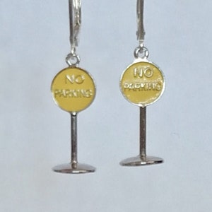 Street Sign Earrings, NO PARKING, Sterling Silver, Vintage Charms, Original Yellow Paint, 3D, Shepherd Hooks for Pierced Ears