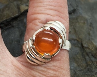 Mexican FIRE OPAL RING, Sterling Silver size 6 full, Vintage Taxco Modernist Mounting