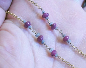 Ruby Necklace, Raw Diamond Crystal Beads, 14kt Gold, 19" long, Brand New, One of a Kind!