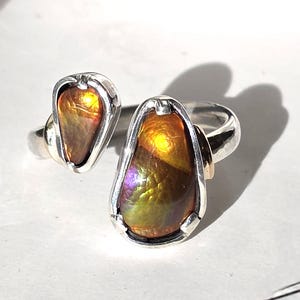 FIRE AGATE RING, Sterling Silver & 14k Gold, Sz 7.25 Handmade / Unique, Adjustable Wrap Ring,