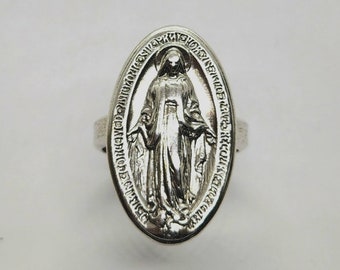 Miraculous Medal Ring, Vintage Religious Medal, Sterling Silver, sz 12, Sacred Mary, Religious Catholic Faith Jewelry,