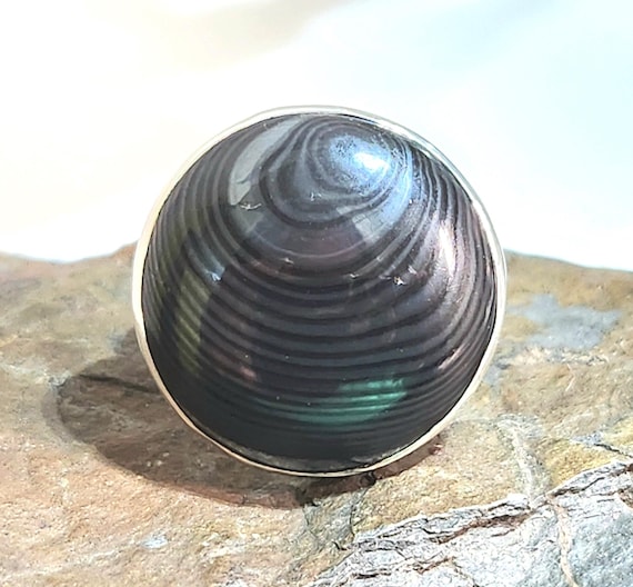Psilomelane Ring, Sterling Silver, Size 6.5, Hand Made & Artist Signed, Black and Silver bands