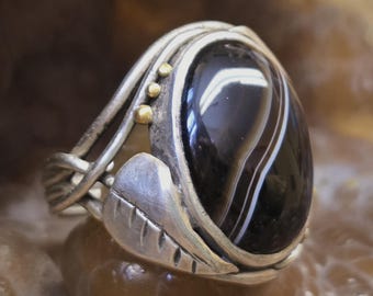 Handmade Banded Sardonyx Ring, Sterling Silver & 24Kt Fine Gold, Floral Design, Size 6.75