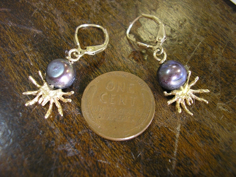 14 kt Gold SPIDER Dangle Earrings South Sea Tahitian Black Pearls Lever Backs for Pierced Ears