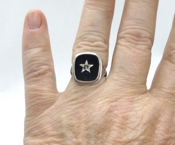 Eastern Star Masonic Ring, Antique Sterling Silve… - image 2