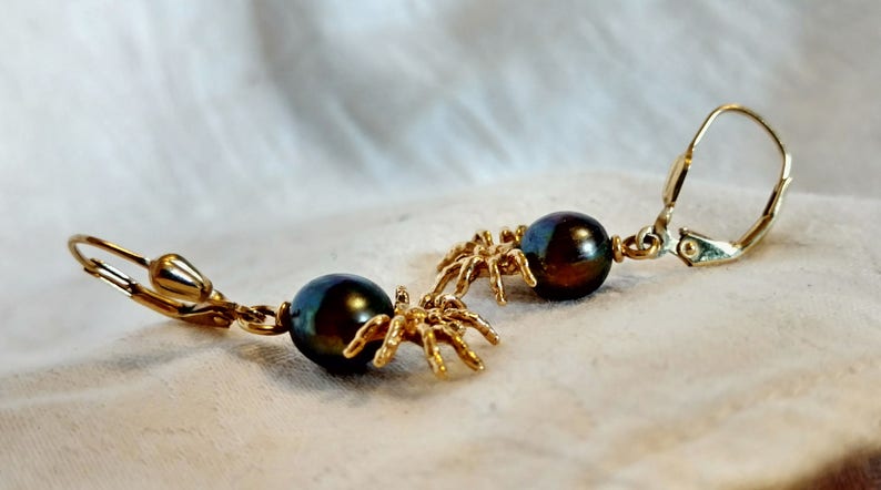 14 kt Gold SPIDER Dangle Earrings South Sea Tahitian Black Pearls Lever Backs for Pierced Ears
