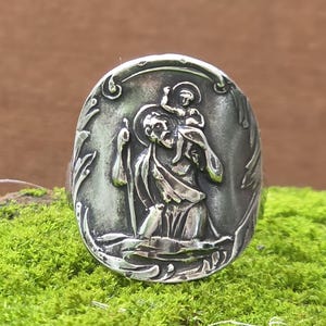 ST CHRISTOPHER RING, Sterling Silver, sz 6, Vintage Religious Protection Medal, Saints Ring, Catholic  Christian Prayer Faith Jewelry