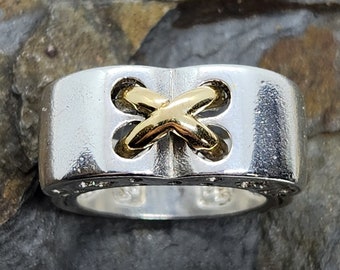 Modernist Ring, 18k Gold & Sterling Silver, sz 5.25, X Accent Designer Ring, Contemporary Signed Statement Ring