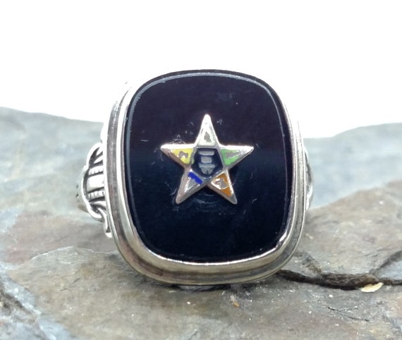 Eastern Star Masonic Ring, Antique Sterling Silve… - image 1