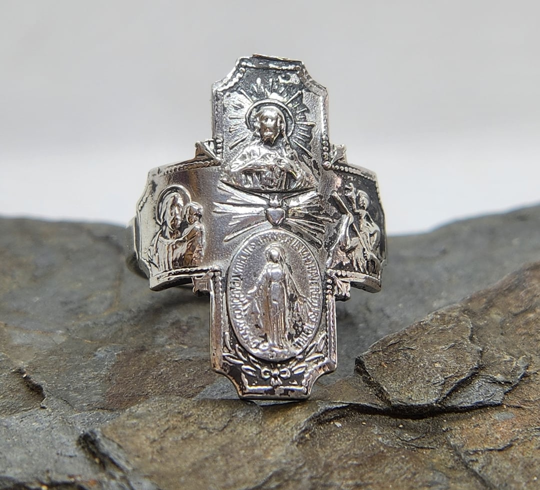 CROSS Religious Ring, Sterling Silver Saints 4 Way Scapular Medal ...