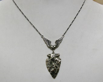 Cupid's Arrow Necklace, HEART, WINGS & ARROWHEAD, Sterling Silver, 17.5" chain, Valentine's Day, ooak