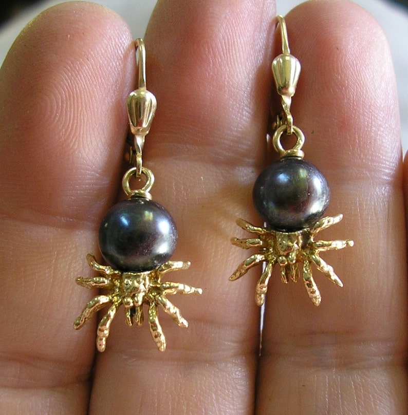 14 kt Gold SPIDER Dangle Earrings South Sea Tahitian Black Pearls Lever Backs for Pierced Ears