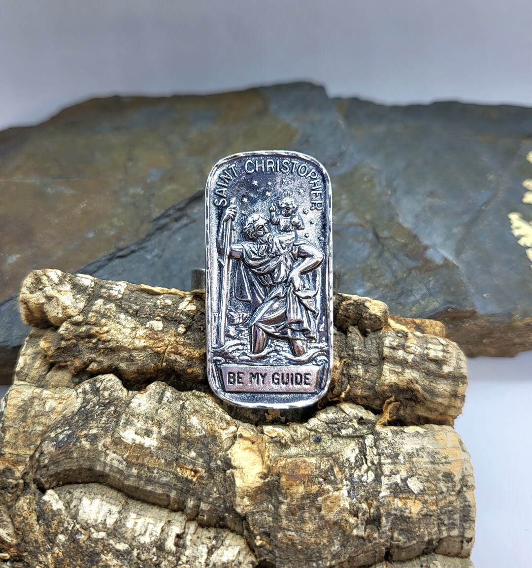 ST CHRISTOPHER RING, Vintage Religious Medal, Sterling Silver, Sz 13.5 ...