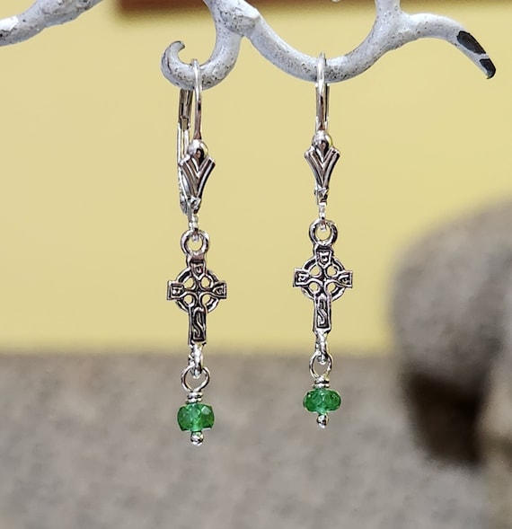 Celtic Cross Dangle Earrings, Sterling Silver, Gre