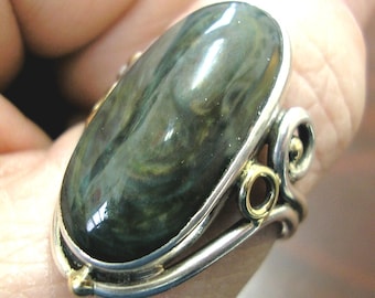 Handmade Royal Velvet Obsidian Ring, Sterling Silver and 14K Gold, Size 10