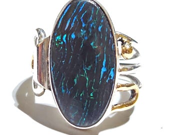 Boulder Opal Ring, Sterling Silver 14K Gold Accents, Handmade Size 7.75