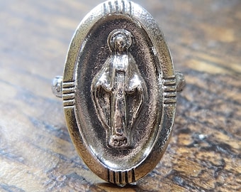 Miraculous Medal Ring, Vintage Religious Medal, Sterling Silver, sz 2.75, Sacred Mary, Religious Catholic Faith Jewelry,