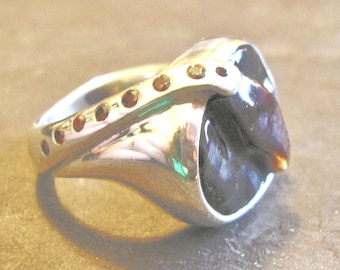 Anillo de serpiente de ágata de fuego, plata de ley, talla 6.25, diamantes rojos, ¡pieza única!