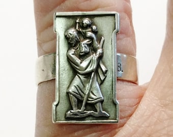 ANILLO DE SAN CRISTÓBAL, Medalla Religiosa Vintage, Plata de Ley, sz 5.25, Anillo de Santos Católicos, Joyería Religiosa