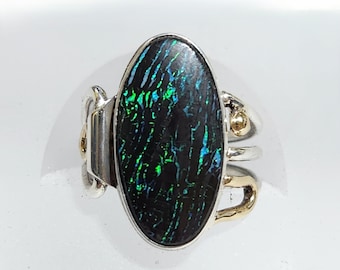 Boulder Opal Ring, Sterling Silver & 14K Gold, Size 8.5, Handmade, Artist Signed, Rare / Unusual Gemstone