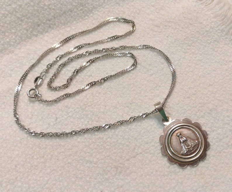 Catholic Medal Virgen Del Valle 17.5 Chain Antique Silver Medal Sterling Silver Our Lady of the Valley Religious Medal Pendant