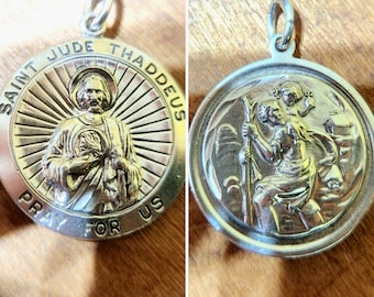 Saint Jude & St Christopher Medal Pendant, Vintage Reversible Religious Saints Medal, Sterling Silver, Heavy, Catholic Faith Jewelry