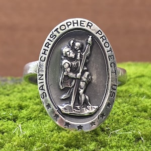 ST CHRISTOPHER RING, Sterling Silver, sz 12.25, Vintage Religious Medal, Saints Ring, Religious Christian Faith Jewelry Prayer Ring
