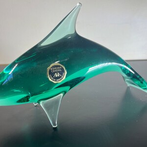 Vintage 10” Handmade Art Glass Dolphin Czech Rep With Original Sticker.