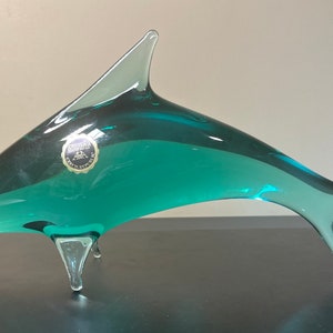 Vintage 13” Handmade Art Glass Dolphin Czech Rep With Original Sticker.