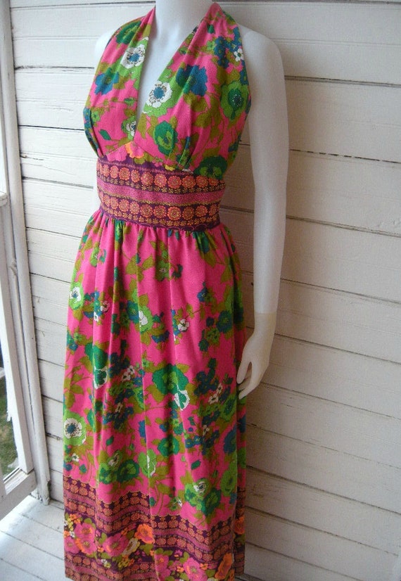 Vintage 1960s Mod Floral Maxi Dress / Sz Small