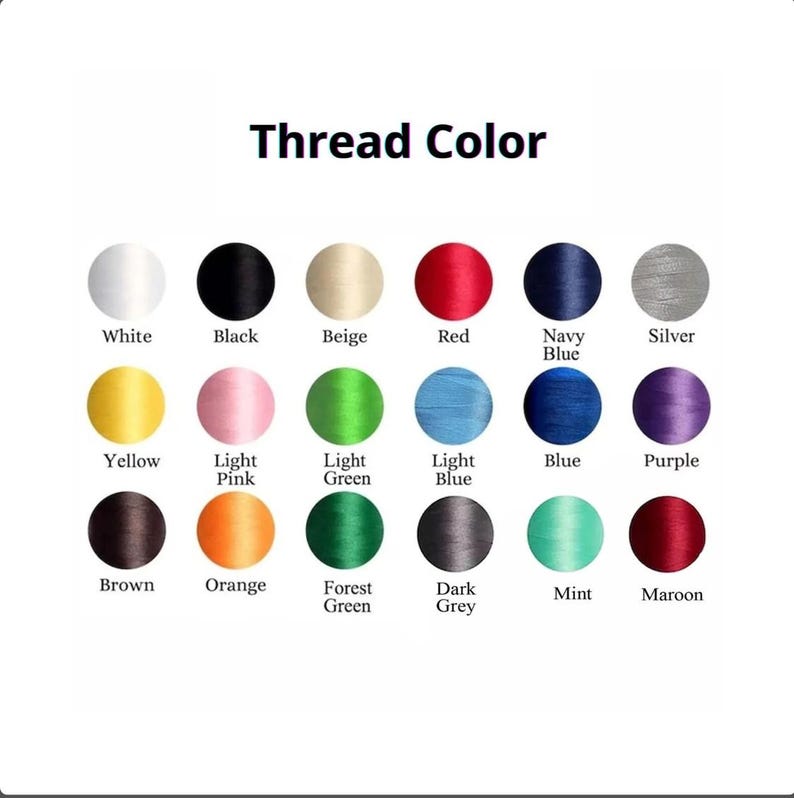 May include: A thread colour chart showing various shades. The chart includes white, black, beige, red, navy blue, and silver. Other colours are yellow, light pink, light green, light blue, blue, purple, brown, orange, forest green, dark grey, mint, and maroon.