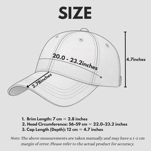 May include: A white baseball cap with size details. The brim length is 7 cm, the head circumference is 56-59 cm, and the cap length is 12 cm. The text "SIZE" is at the top.