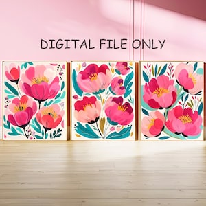 Peony Wall Art Prints Set 3 Pink Floral Whimsical Modern Home Decor Digital Download Peony Poster Living Room Bedroom Wall Art Instant Print