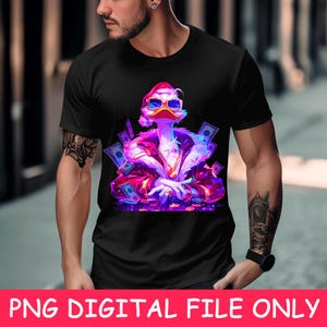 お金を持ったスクルージ・マクダック PNG、面白いスクルージ・マクダック PNG デザイン、キラキラ輝く漫画昇華デザイン、お金のアヒル PNG、ネオンシャツ PNG デザイン
