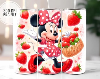 Maus Mädchen mit Erdbeeren Tumbler Wrap PNG, Cartoon Sommer Tumbler Wraps Sublimation Design PNG, 20oz Skinny Tumbler Sublimation Download