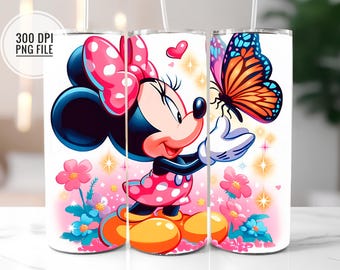 Niedliches Mausmädchen und Schmetterling Tumbler Wrap PNG, Cartoon Tumbler Wraps Sublimation Design PNG, 20 Unze Skinny Tumbler Sublimation, digitale Datei
