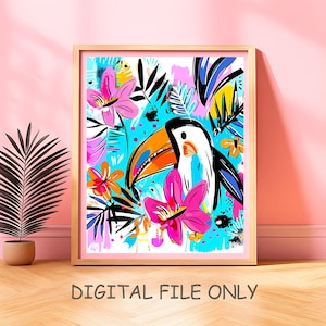 Tropical Toucan Bird Wall Art Print Jungle Floral Digital Download Modern Nursery Decor Colorful Poster Kids Room Boho Home Printable Art