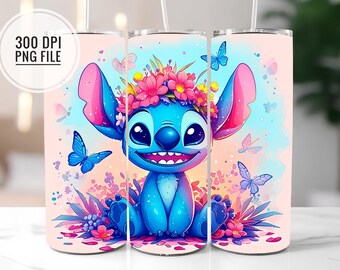 Stitch and Butterflies Tumbler Wrap PNG, Bunte Sommer Tumbler Wraps Sublimation Design PNG, 20oz Skinny Tumble Sublimation Download