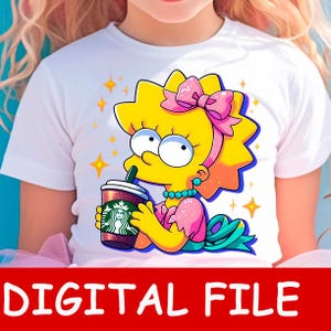 Lisa avec du café PNG pour chemise, T-shirt pour fille, Personnages de dessins animés PNG pour chemises enfants, Sublimation Design Downloads, PNG pour transfert Dtf