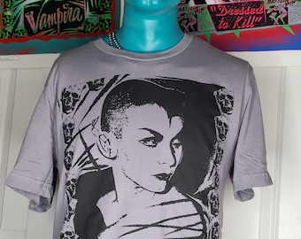 Vampira vampire Goth Horror vintage style monster movie hand silkscreened punk T-shirt available in coffin Grey, Tan , white