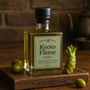 Wasabi Kyoto Flame EVOO – Gourmet Extra Virgin Olive Oil Infused with Japanese Wasabi · Luxury Artisan Oil · 250ml in Heavy Vintage Bottle
