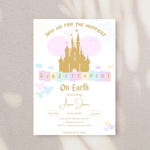 Faire-part révéler le sexe le plus heureux sur terre, inviter le sexe Disney, révéler le sexe magique, inviter à une fête, modèle modifiable, imprimable